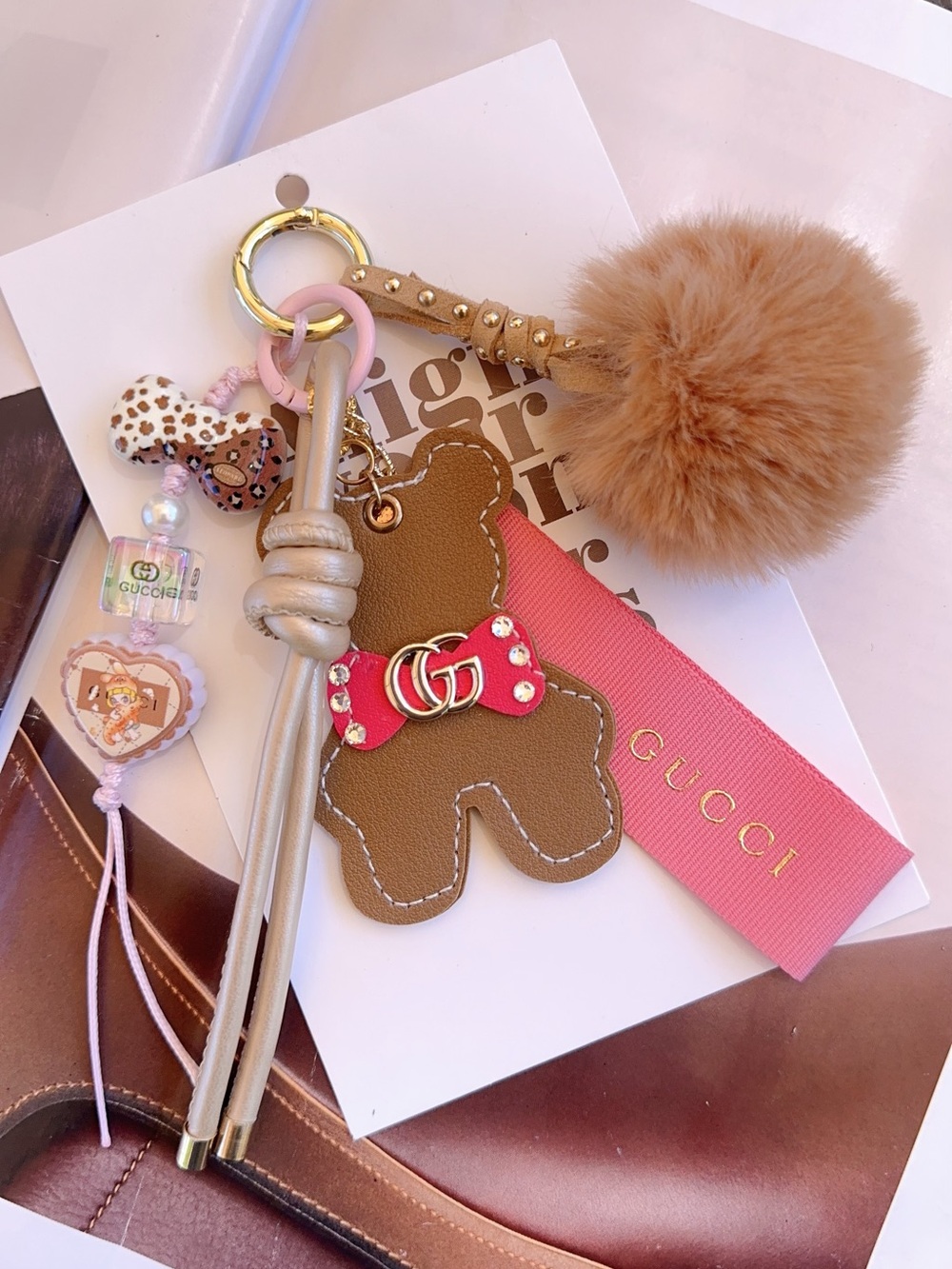 Gucci Ribbon with unbranded Brown Teddy Bear Keychain with Pink Bow Pom Charm - Picture 2 of 2